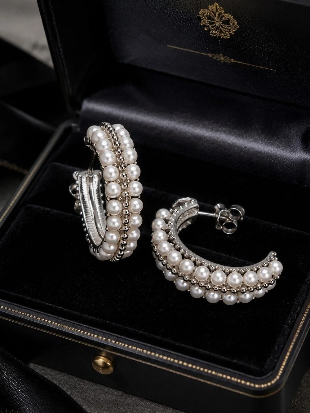 Silver Hoop Earrings with White Pearls